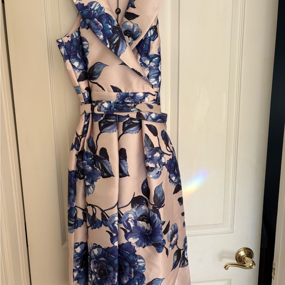 Adrianna Papell Blue and Tan Cut Out Tie Front Midi Dress